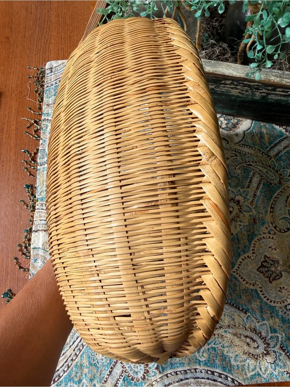 Hand Woven Split Reed Basket Oval Gathering Basket Vintage Farmhouse Decor